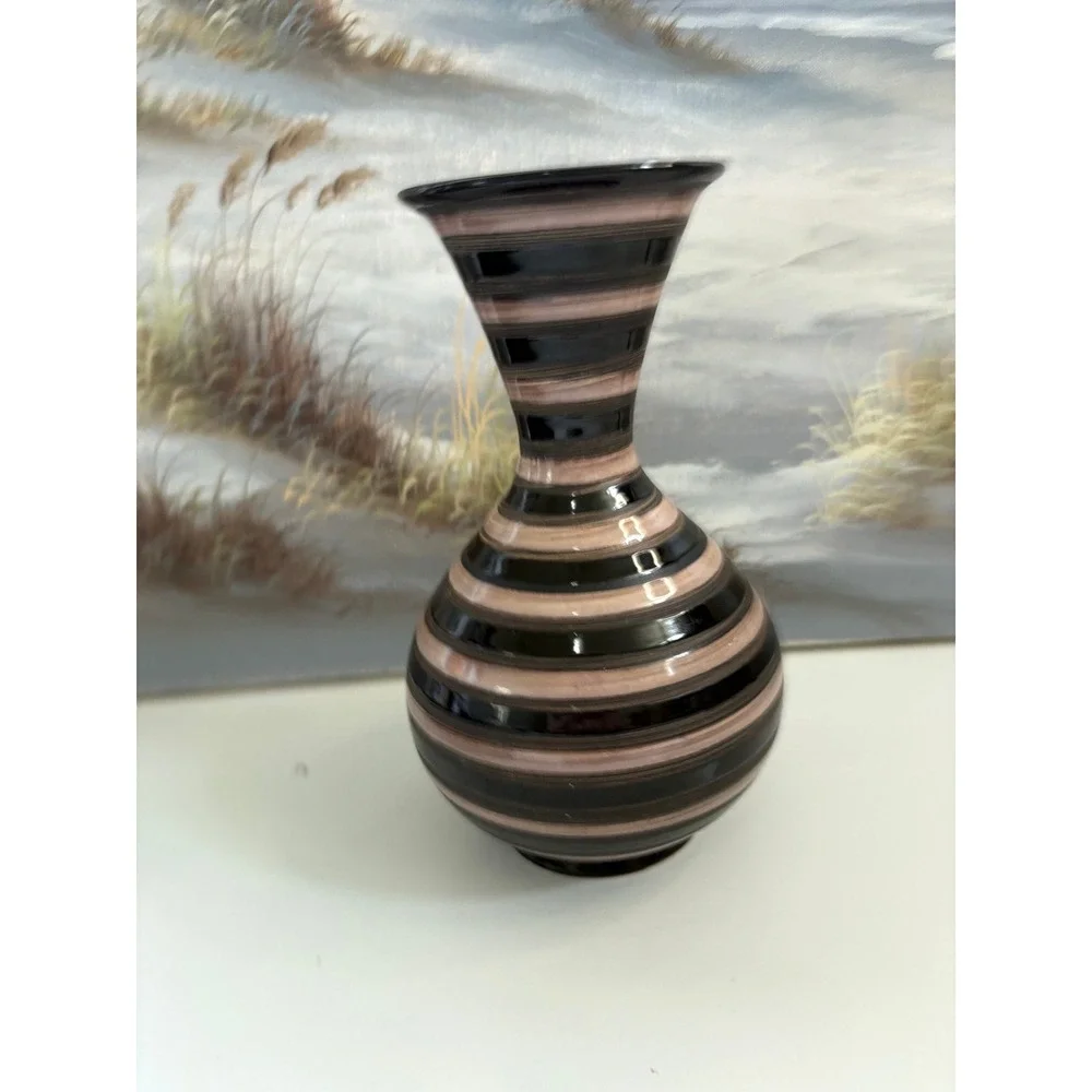 Strehla Keramik West German Pottery Vase 962 Black Pink Striped MCM 8.25